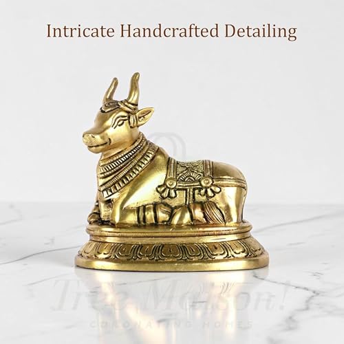 Image of Vastu Brass Nandi Cow Statue | 810 g Weight Approx | Vastu Remedy for Home & Office | Size- 9 X 11 Cm | Nandi Idol for Pooja | Vastu Brass Nandi Bull