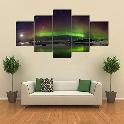 5 Panels Colored Northern Lights Natural Landscape Canvas Wall Art Paint Poster Home Decor Paintings Roomf Decor Pictures Canvas Wall Art Painting Poster With Frame 150 X 100 Cm For Living Room Hotel