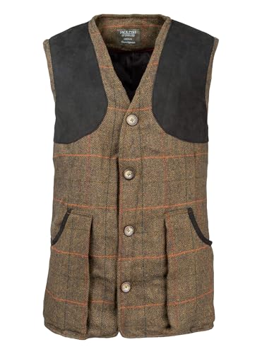 JACK PYKE Men’s Shooting Vest – Brown Tweed Waistcoat with Reinforced Shoulders, Deep Cartridge Pockets with Adjustable Back Strap for Outdoor Hunting & Clay Shooting - Medium