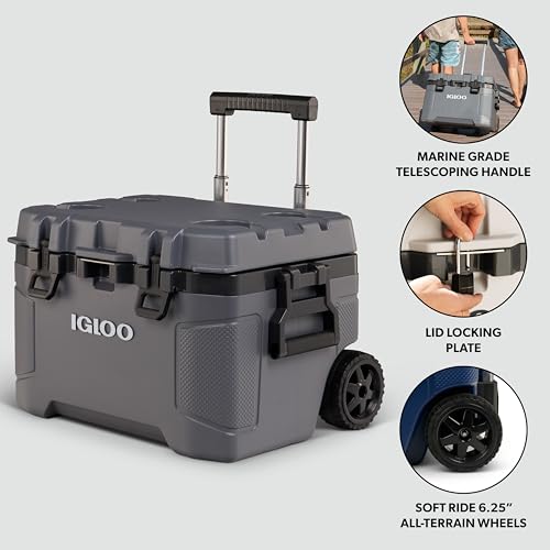 Image of Igloo Trailmate 52Qt Wheeled Cooler, Insulated Hard Shell Ice Chest, Carbonite