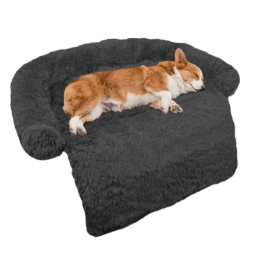 Calming Dog Bed Fluffy Plush Dog Mat for Furniture Protector with Removable Washable Cover for Large Medium Small Dogs and Cats (Medium(41x37x6), Dark Grey)