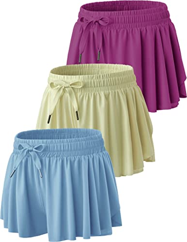 3 Pack Girls Flowy Shorts With Spandex Liner 2-In-1 Youth Butterfly Skirts For Fitness, Running, Sports (Set 6, Medium) #TOP6
