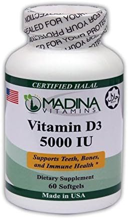 Vitamin D3 5000 IU, Supports Bone Health and Healthy Mood (60 Softgels Daily Supplements) Made in USA - Halal Vitamins