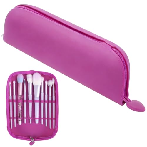 Silicone Makeup Brush Holder, Portable Travel Makeup Brush Storage Bag, Waterproof Soft Cosmetic Brush Organizer Case with Zipper, Large Capacity Make Up Brush Pouch for Travel Daily Use (Rose Purple)