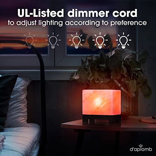 D'aplomb 100% Authentic Natural Himalayan Salt Lamp; Hand-Carved Modern Rectangle Rare Pink Crystal Rock Salt From The Himalayan Mountain; Footed Wood Base, Dimmer Cord + Extra Bulb; 11.5 Lbs #TOP1