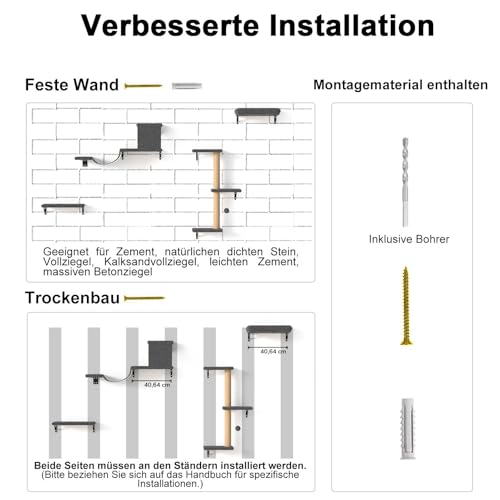 FUKUMARU Kletterwand Katzen Set, 10-teilig Katzen Kletterwand Set, aus robuster Multiplexplatte，Hängematte Katze mit Katzenhaus, Katzenbrücke, Katzenbaum, Katzentreppe bis zu 18 kg, Grau