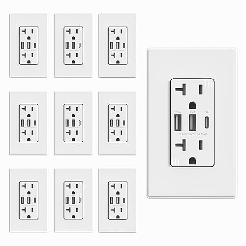 Image of ELEGRP USB Outlets Receptacles, 3-Port Wall Outlet, 30W 6.0A Electrical Outlet, 15 Amp Tamper-Resistant Outlet with Type C Ports, UL Listed, Screwless Wall Plate Included, 10 Pack, Matte White