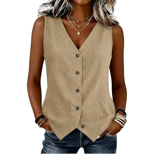 Image of Waistcoat Women Linen Waistcoats for Women Summer Casual Sleeveless Button Down Blazer Vest Tops Loose Fit Breathable Cami Tank Tops Solid Light Asymmetrical Hem Suit Vest Cardigan Gilet