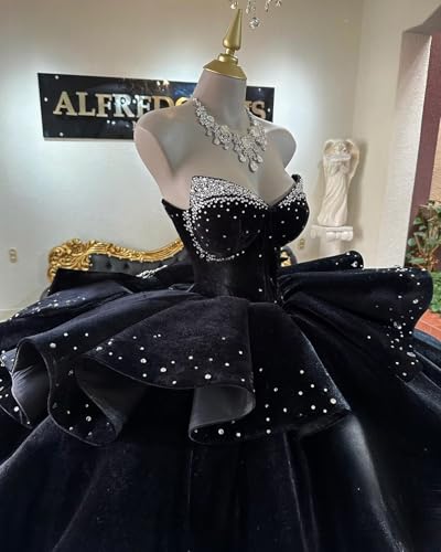 XYAYE Sparkly Velvet Quinceanera Dresses with Bow Strapless Crystal Sweet 16 Dress Puffy Layered Ball Gown3