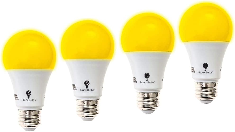 BlueX 4-Pack A19 Amber Yellow LED Bug Light Bulb - No Blue Light, 650 Lumens, 120V E26 Medium Base, 9.5-Watt (60-Watt Replacement), Warm Light Bulb