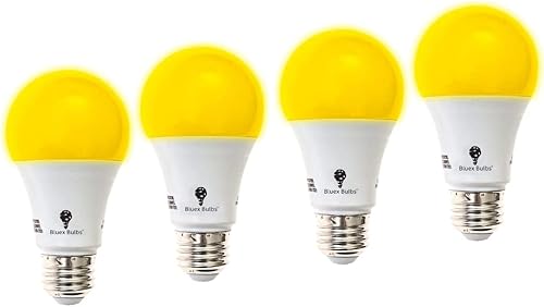 Miniatura 1 de BlueX - Paquete de 4 bombillas LED amarillas ámbar A19 sin luz azul para exteriores, 650 lúmenes, 120 V, E26, base media, LED de 9.5 vatios