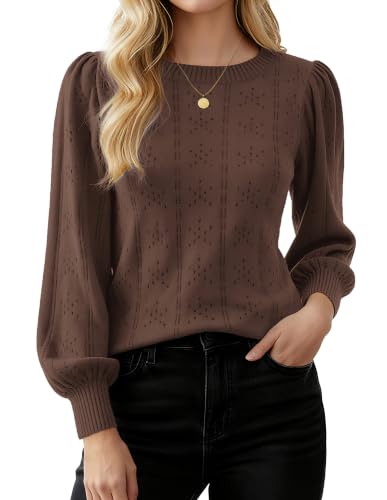 Image of GRACE KARIN Fall Sweaters for Women 2026 Puff Long Sleeve Crewneck Dressy Casual Tops Crochet Hollow Out Cute Pullover Blouse