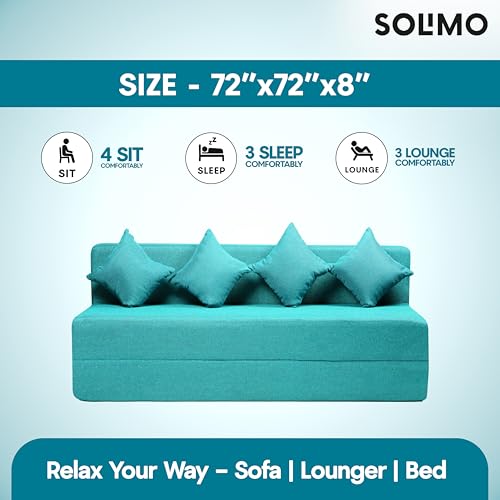 Image of Amazon Brand - Solimo 4 Seater 6 * 6 Jute Fabric Washable Cover Sofa Cum Bed with 4 Cushions 4 Seater Double Foam Fold Out Sofa Cum Bed (Finish Color - Sky Blue Delivery Condition - Pre-Assembled)