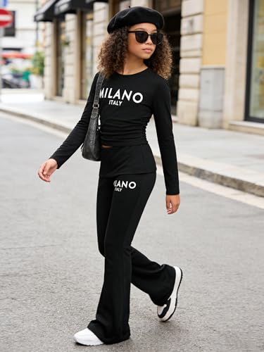 Image of OLMRJKD Girls 2 Piece Outfits Long Sleeve Letter Printed Sweatshirt & Flared Pants Fall Clothing Set Size 7-14 Years (9-10Y)