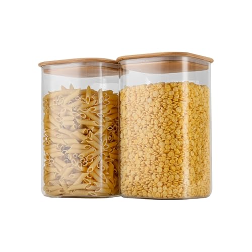 Airtight Glass Square Storage Canister with Bamboo Lid Set of 2 Glass Jars for Sugar, Flour, Cookies and Coffee beans