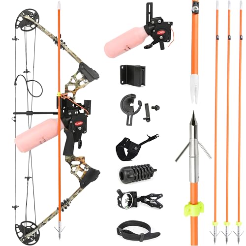 Bowfishing Compound Bow Kit,with Metals Reel or Bottle Reel,Bow Fishing Arrows,20-70Lbs,Left/Right Hand Bow for Adult/Youth Fishing Hunting (KIT 2-CAMO, Right Hand)