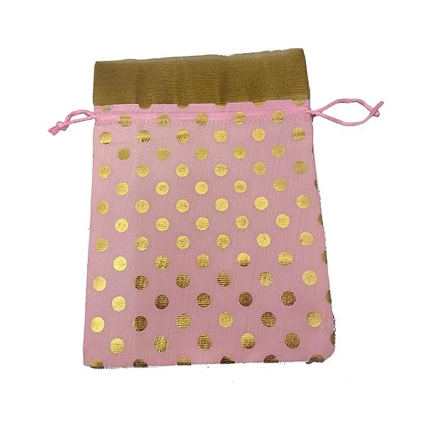 Just Flowers 10Inch X 8Inch Polka Dot Potli Bags,Printed Brocade Drawstring Pouches/cloth bags for return gifts, for Dryfuits, Wedding Gifts, Shagun Packing (Pack of 5, Baby Pink Golden Dot) - Image 5