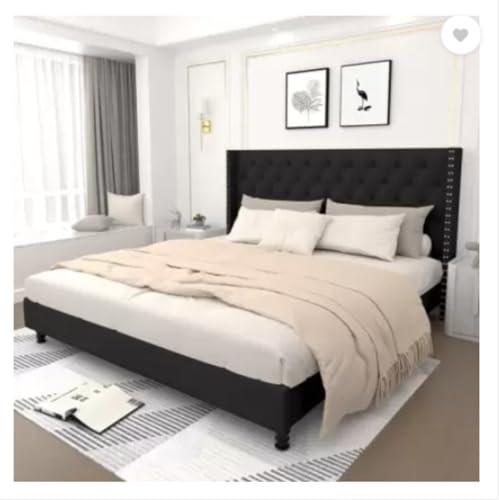 Image of Wooden Modern Upholstered King Size Bed for Bedroom | Wooden Double Bed Without Storage | Platform Cot Upholstered Bed with Upholstery Fabric | Engineered Wood | 6.5 x 6 Ft | Black Chosen