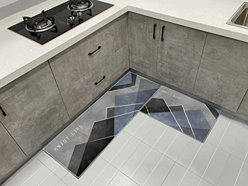 Küchenteppiche Rutschfestes Küchenmatten 2 Stück, Waschbar Küchenteppich Mit Chiebeaufkleber, Komfort Läufer Teppich Set Für Küche Staubdicht Fußmatte (Blaue Geometrie) Cover