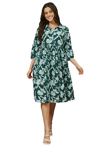 Image of Janasya Women's Green Pure Cotton Floral Printed Fit & Flare Dress