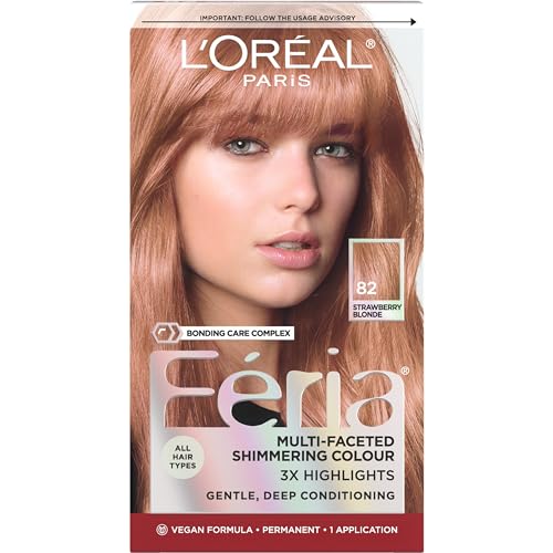 L’Oreal Paris Feria Multi-Faceted Shimmering Permanent Hair Color, High Intensity Hair Dye for 3X Highlights, 82 Strawberry Blonde, 1 Hair Dye Kit