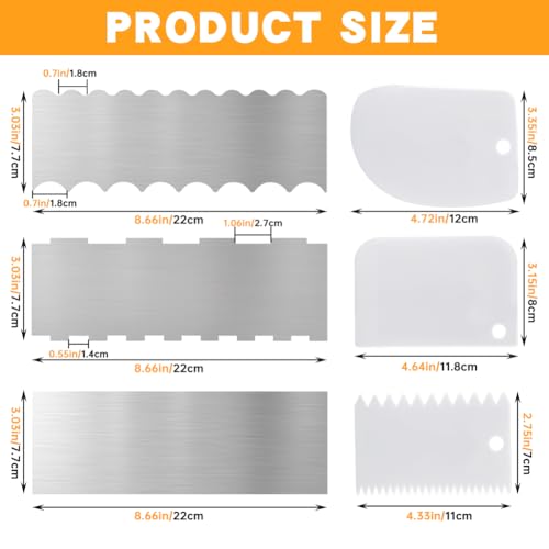 Cake Scraper Set 6 Piece, 3 Stainless Steel + 3 Plastic Icing Smoothers, Double Sided Pattern Edges, Metal Scrapers 8.66 x 3.03 in, for Buttercream Frosting Stripes and Smoothing