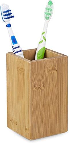 Relaxdays Bamboo Square Toothbrush Holder with Natural Design, Brown, 11.5 x 6.5 x 6.5 cm