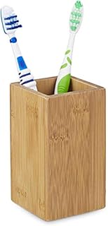Relaxdays Bamboo Square Toothbrush Holder with Natural Design, Brown, 11.5 x 6.5 x 6.5 cm