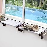Zakkart 2PC Easy Seat Cat Perch for Window Sill - Hammock Design w/Pine Wood & Robust Metal Frame - Cat Window Seat for Large Cats and Kittens (Dark Stained Wood w/Gray Bed, Large (26''W x 14''D)