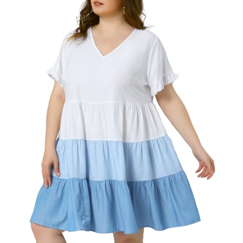 Image of Agnes Orinda Women's Plus Size Babydoll Ruffle Short Sleeve Casual Loose Flowy Swing Hem Chambray V Neck Mini Dress
