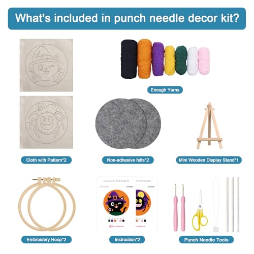 Image of Halloween Punch Needle Kit for Adult Beginner, Easy Punch Embroidery Starter Set with Instruction, Fun DIY Needle Point Craft for Home Decor & Holiday Gift Idea(2pcs Cat & Spider)
