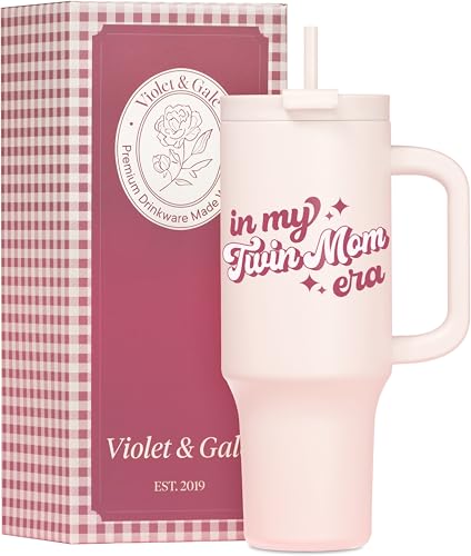 Image of VIOLET & GALE Twin Mom Gifts - Retro Collection - 40oz Insulated Tumbler With Handle, Twin Mama Coffee Mug, In My Mom Era Cup