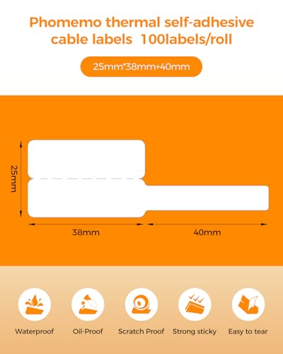 Image of Phomemo White Cable Labels Tape for M110 /M100 /M220 /M108 /M160 Label Printer,1 inch x 1.5 inch + 1.6 inch T (25x38+40mm) Self-Adhesive Cable Label Refills for Office, Home, School,Factory Circuit Box
