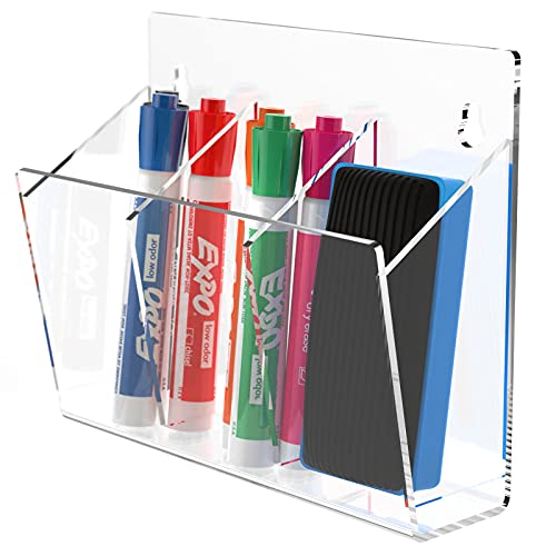 MaxGear Wall Mounted Marker Organizer 3 Compartments Dry Erase Marker Holder, Acrylic Marker Holder Organizer for Whiteboard and Locker Accessories, Whiteboard Marker Holder with 3M Tape Adhesive, Clear