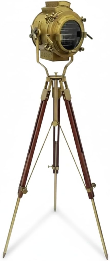 Vintage Nautical Spotlight Floor Lamp with Adjustable Wooden Tripod Stand | Antique Brass Finish Industrial Searchlight Design for Living Room, Office & Home Decor Accent Lighting.