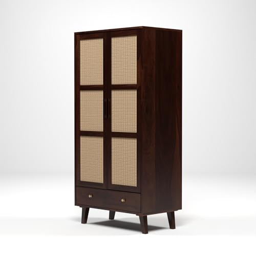 Image of PS DECOR Solid Sheesham Wood Wardrobe with Cane Rattan Doors | Modern Wooden Storage Almirah with Drawer | 2 Door Clothes Cabinet for Bedroom & Living Room (Walnut Finish)