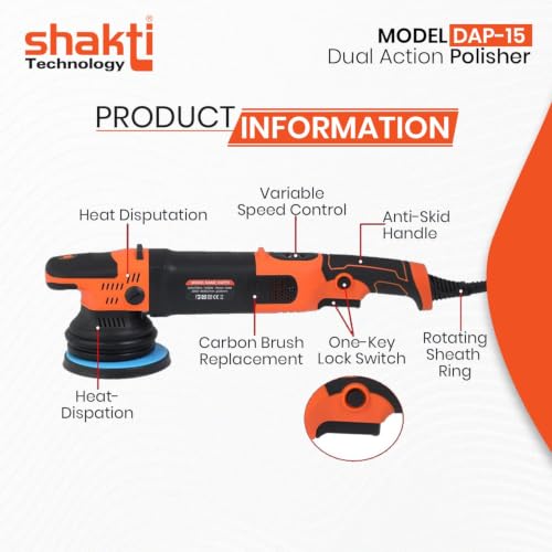 Image of Shakti Technology DAP-15 Dual Action Polisher 1000W Electric Car Polisher 15MM Orbit with D-Handle 2000-4500 RPM with 125MM(5Inch) Wheel Size, Disk Ideal for Cars, SUV, Boats & Tiles Polishing