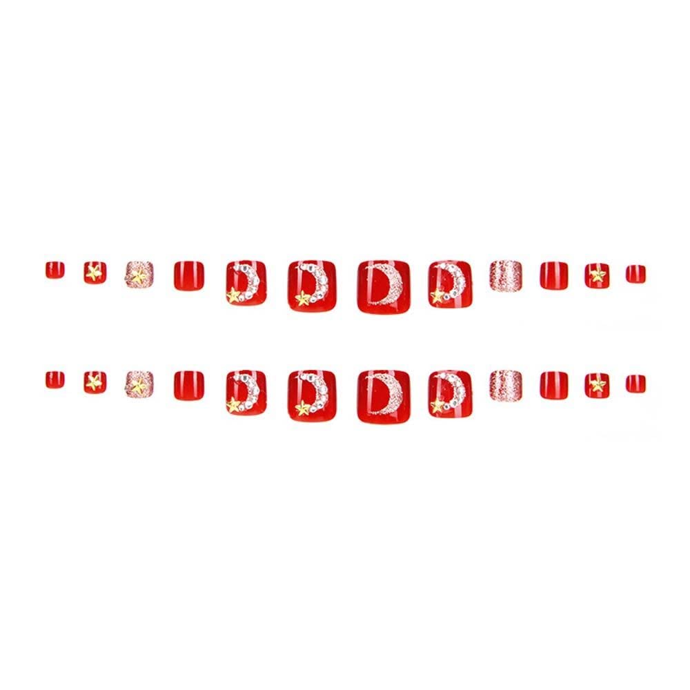 3D Rhinestones Fake Toe Nails Charm Short Nails Patch With Glue Manicure Wine Red Press on Toenails DIY Nail Art Tip(B) : Beauty & Personal Care