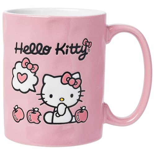 Silver Buffalo Sanrio Hello Kitty Apple Wax Resist Ceramic Pottery Mug, 17 Ounces
