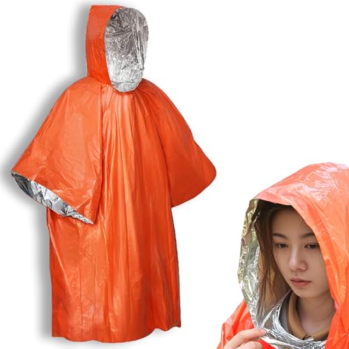 LPSJSFSS Plus Size Emergency Survival Thermal Poncho, Mylar Liner - Retains 92% Body Heat, Reversible, Waterproof, Windproof, Portable, Hands-Free, Outdoor Kit, Hiking, Camping (Orange)