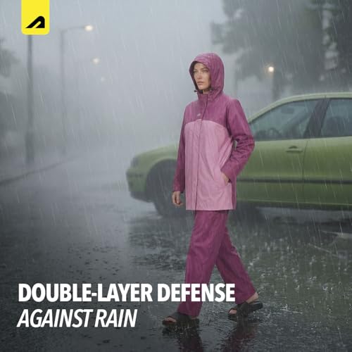 Image of Boldfit Rain Coat Set for Women Waterproof Rainwear for Women Top & Bottom Combo Easy Adjustable Rain Coat Waterproof Outdoor Rainwear for Girls- Purple, M-L
