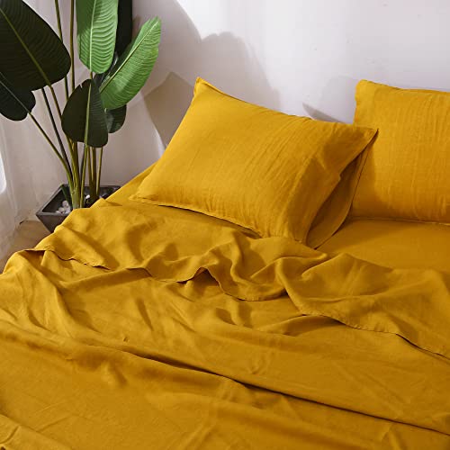 L Linen World 100% Linen Sheets Set Queen Size,French Linen From Normandy Bed Sheets Natural Flax Breathable Durable 4Pcs Set-1 Flat Sheet,1 Deep Pocket Fitted Sheet,2 Pillowcases - (Queen, Yellow) #TOP5
