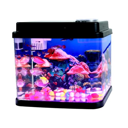 Mini Fish Tank Small Aquarium 1 Gallon Fish Bowl 6 Color Auto-Looping Light 3 in 1 Quiet Pump with Filteration & Oxygenation & Circulation,Submarine Background,Thickened Base