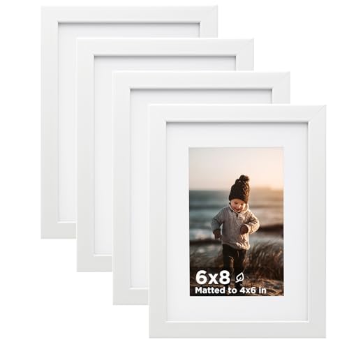 KINLINK 6x8 Picture Frame White Set of 4, Wooden Photo Frames Matted 4x6 with Plexiglass for 4x6 with Mat or 6x8 without Mat for Table and Wall Display