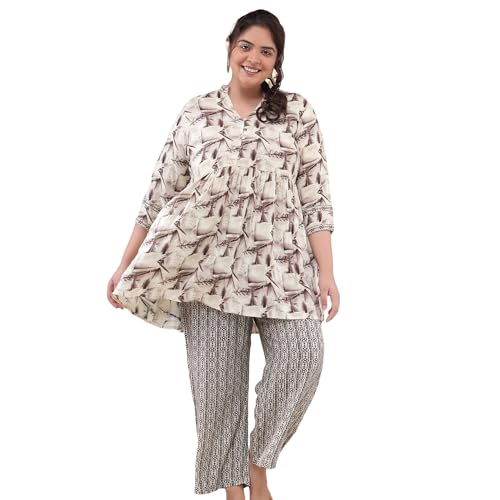 Image of Bani Women Printed Plus Size Co-ord Set, Fit & Flare Shirt and Trouser Set 2 Piece Outfit, 3 /4 Sleeves V Neck, Coord Sets for Womens, Western Dress Stylish Design for all Occasions