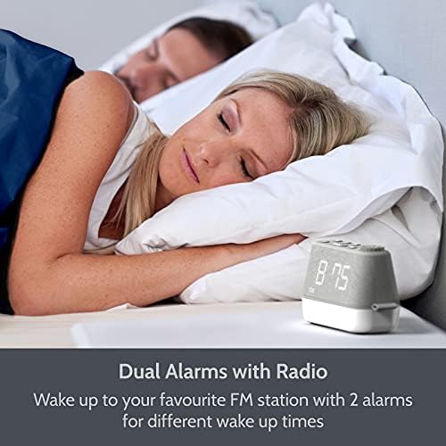 Alarm Clock Radio with Nightlight & USB Charger, FM Radio Dual Alarm Clocks for Bedroom, Bedside  Easy Read Dimmable LED Display, Relaxation Sounds Calming Sleep Aid, Mains Powered Battery Backup