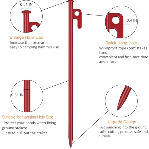 Image of 8 Pack Tent Stakes Heavy Duty 12 inch Steel Tent Pegs for Camping Unbreakable and Inflexible-Red