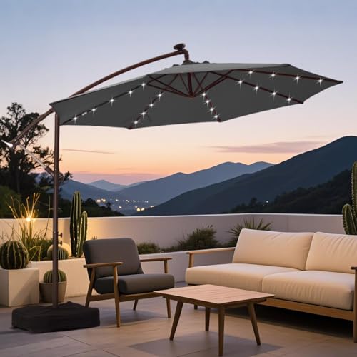 Ayge 10ft Offset Solar LED Cantilever Umbrella – Durable UV-Resistant Outdoor Patio Umbrella with Easy Tilt for Backyard, Pool & Lawn (Base Included