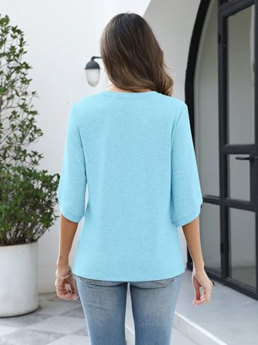 Image of TICTICMIMI Womens Tops 3 /4 Length Sleeve V Neck Casual Trendy Button Tunic Tops Summer Basic T-Shirts Loose Fit Pullover