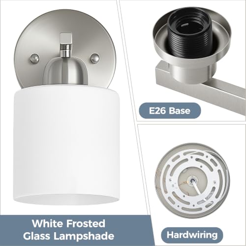 Image of Brushed Nickel Bathroom Light, Anti-Rust Finish 2PCS Light Bathroom Vanity Light Brushed Nickel, Milky White Frosted Glass Shades, E26 Socket